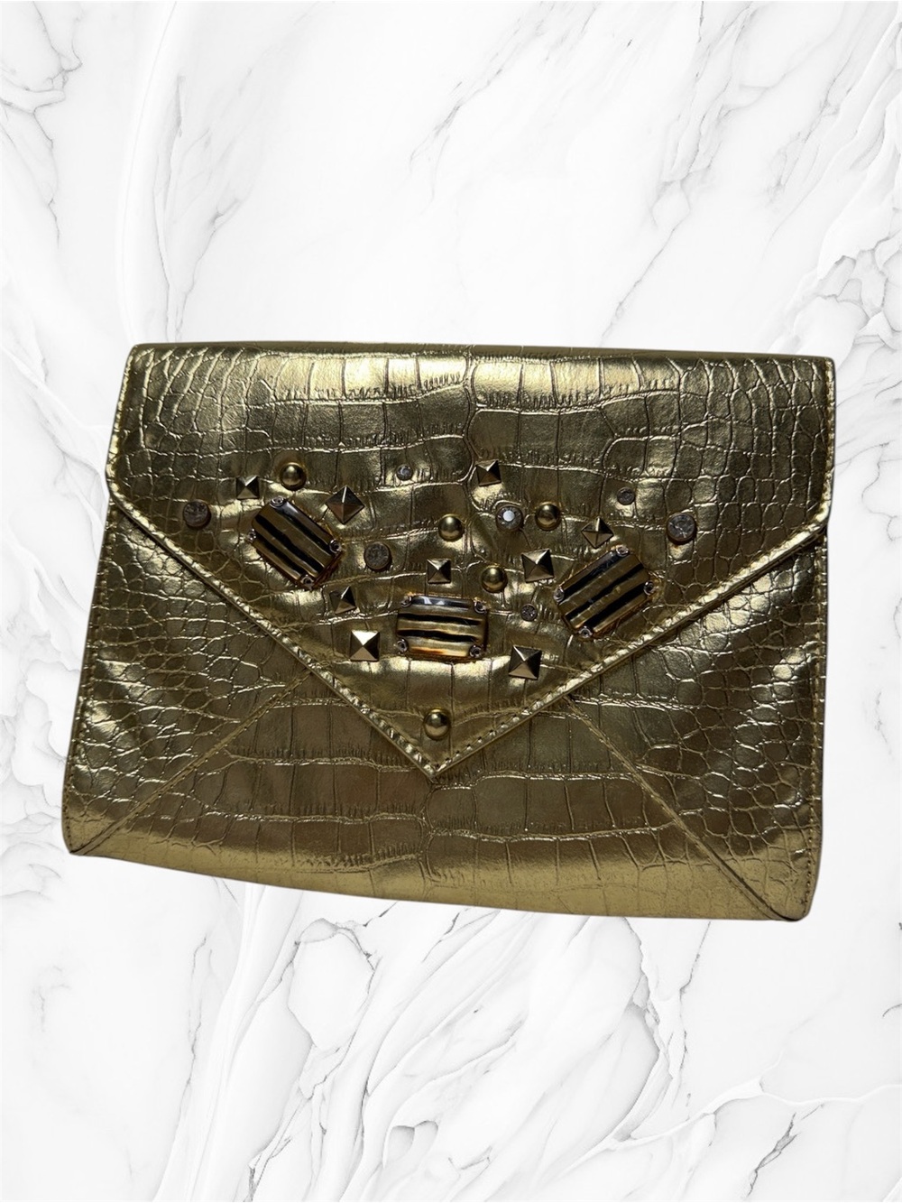 Gold Embossed Envelope Clutch with Jewel Accents